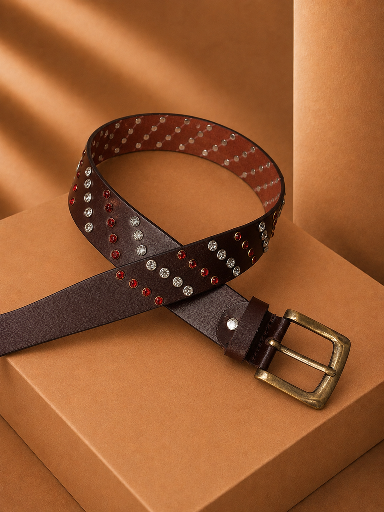 Lethrio Genuine leather Rhinestone studded, Handcrafted, Premium Belt (Premium Luxury buckle)